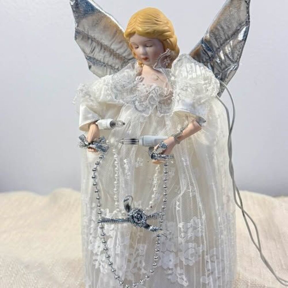 Vintage Lighted Angel Christmas Tree Topper Porcelin Head